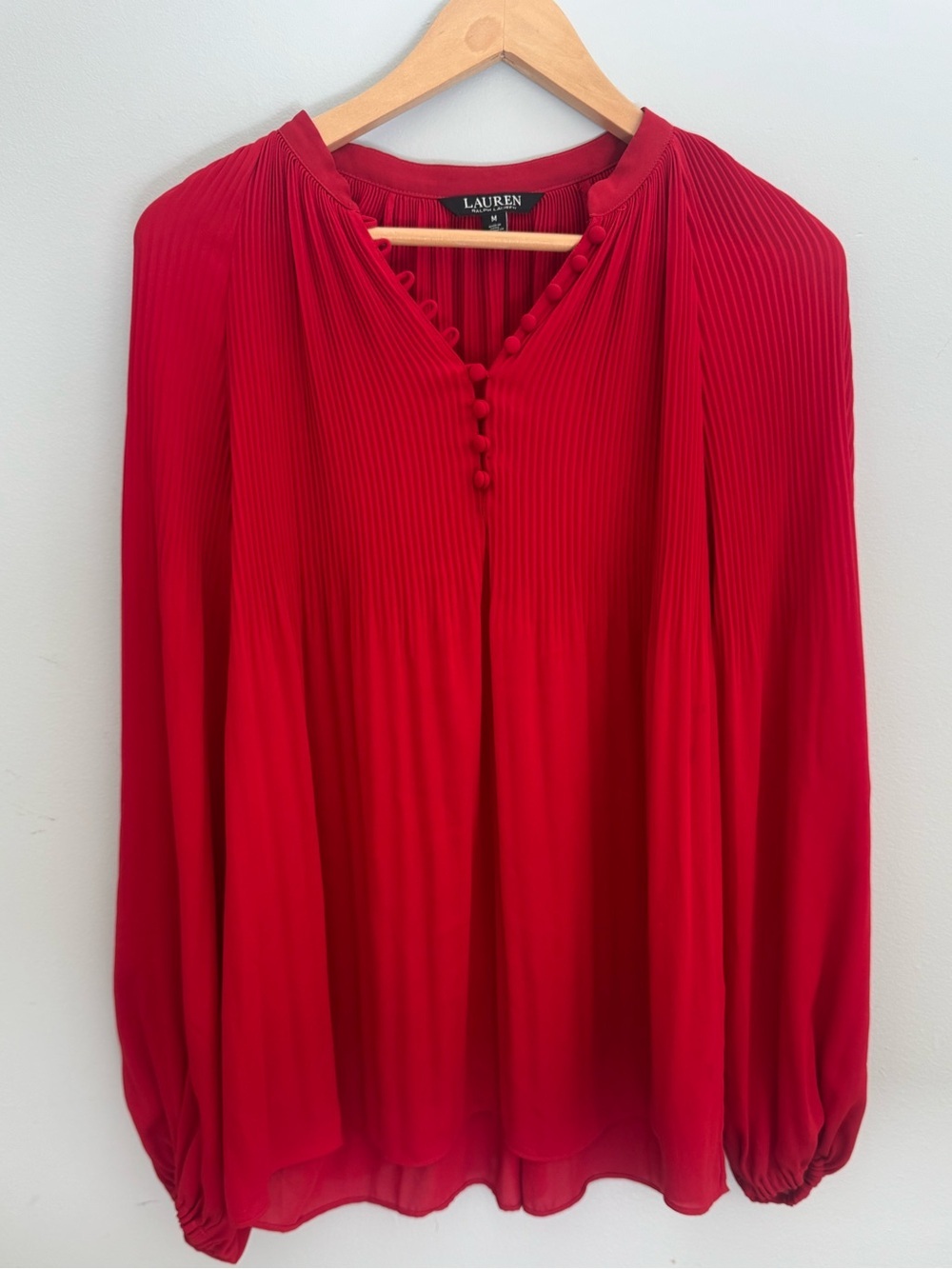 Lauren Ralph Lauren Red Pleated Georgette V-Neck Blouse Size M
